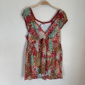 Y2K Women's Babydoll Top Ditsy Floral V-Neck Cap Sleeve‎ Chiffon L Cottagecore